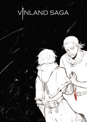  2boys age_comparison black_background blood bloody_weapon closed_eyes comforting copyright_name dagger facial_hair from_behind goatee greyscale highres knife male_focus monochrome multiple_boys short_hair snowing symbolism thorfinn time_paradox tunic viking vinland_saga weapon zilaihuoye 