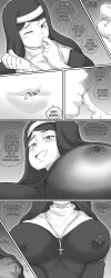  1boy 1girl artist_request black_and_white black_clover covered_erect_nipples cross gentle_femdom giant giantess gtstamago highres kiss lily_aquaria macro manga micro mini_person miniboy mole mole_under_eye nun see-through size_difference smothering speech_bubble teasing 