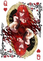  1girl absurdres breasts card character_request cleavage dress flower fur heart highres i_became_a_god_in_a_horror_game long_hair looking_at_viewer red_eyes red_hair rose wavy_hair weichenhuanxiaobai 