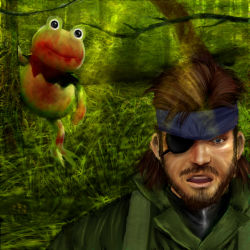  1boy :o bad_id bad_pixiv_id beard big_boss blood brown_hair eyepatch facial_hair frog grass headband jungle kerotan looking_at_viewer male_focus metal_gear_(series) metal_gear_solid metal_gear_solid_3:_snake_eater mustache naked_snake nature open_mouth outdoors plant tree upper_body you_gonna_get_raped  rating:Sensitive score:8 user:danbooru