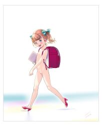  1girl backpack bag bar_censor blonde_hair blue_bow blush bow censored cleft_of_venus collarbone dated flat_chest full_body hair_bow high_heels highres holding loli looking_at_viewer nanjou_asuka nipples nude open_mouth original paid_reward_available pink_footwear purple_eyes pussy randoseru short_hair short_twintails smile teeth thighs twintails upper_teeth_only  rating:Explicit score:59 user:MonsieurCinq