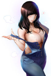  1girl areola_slip bad_id bad_pixiv_id bare_shoulders blush breasts brown_eyes brown_hair buttons cleavage closed_mouth collarbone colored_skin cowboy_shot denim gradient_background highres huge_breasts ikuchan_kaoru kyonyuu-chan_(iku) lips long_hair looking_at_viewer midriff multicolored_skin naked_overalls original overalls partially_unbuttoned pulled_by_self revision shiny_skin smile solo sparkle speech_bubble standing strap_pull sweat wet  rating:Questionable score:100 user:danbooru