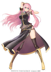  1girl armpits arms_behind_head black_thighhighs blue_eyes boots breasts commentary_request cross-laced_footwear dress full_body headphones highres knee_boots lace-up_boots long_hair looking_at_viewer medium_breasts megurine_luka midriff navel parted_lips pink_hair side_slit smile solo standing thighhighs tony_taka very_long_hair vocaloid white_background 