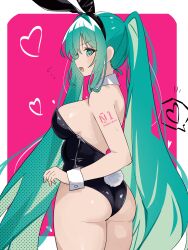  1girl absurdres animal_ear_headband animal_ears aqua_eyes aqua_hair bare_shoulders black_headband black_leotard blush body_writing border breasts coco_irasuto commentary cowboy_shot detached_collar fake_animal_ears fake_tail from_behind hair_between_eyes hand_up hatsune_miku headband heart highres large_breasts leotard long_hair looking_at_viewer looking_back number_tattoo open_mouth outside_border pink_background playboy_bunny rabbit_ears rabbit_tail sideboob sidelocks solo speech_bubble spoken_heart standing strapless strapless_leotard tail tattoo twintails vocaloid white_border white_wrist_cuffs wrist_cuffs 