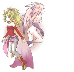  1990s_(style) 2girls bare_shoulders blonde_hair boots colored_skin detached_sleeves dual_persona earrings female_focus final_fantasy final_fantasy_vi jewelry long_hair multiple_girls pantyhose pink_hair pink_skin pontaouka ponytail tina_branford trance_terra_branford very_long_hair 