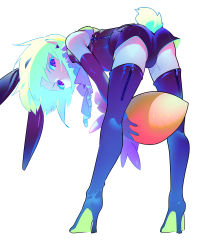  1boy androgynous animal_ears ass bent_over blonde_hair boots rabbit_ears rabbit_tail carrot earrings full_body gloves green_hair high_heel_boots high_heels highres jacket jewelry km_(ksolee1201) lio_fotia looking_at_viewer looking_back male_focus promare short_hair short_shorts shorts simple_background solo tail thigh_boots thighhighs trap white_background  rating:Sensitive score:48 user:danbooru