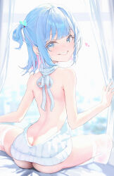  1girl absurdres ass backless_outfit bare_arms bare_shoulders blue_eyes blue_hair blurry breasts butt_crack commentary_request gisi_(gicgic_draw) heart highres indie_virtual_youtuber kanzarin_(vtuber) looking_at_viewer looking_back meme_attire no_panties on_bed short_hair sitting smile solo thighhighs two_side_up virgin_killer_sweater virtual_youtuber white_thighhighs 