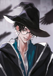  1boy absurdres amon_(lord_of_the_mysteries) bird black_coat black_hair black_hat blue_shirt blurry brown_eyes character_request check_character coat depth_of_field elrohirz grey_background grin hair_over_one_eye hashtag-only_commentary hat hat_over_one_eye highres looking_at_viewer lord_of_the_mysteries male_focus monocle shirt short_hair smile smirk solo unbuttoned upper_body witch_hat 