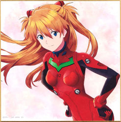  1girl absurdres bodysuit breasts brown_hair copyright_name cowboy_shot floating_hair gloves hands_on_own_hips highres long_hair neon_genesis_evangelion official_art plugsuit rebuild_of_evangelion red_bodysuit scan shiny_clothes signature simple_background solo souryuu_asuka_langley two_side_up very_long_hair wide_hips  rating:General score:10 user:fakyuh