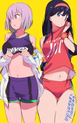  2girls absurdres akasakaa black_hair blue_eyes bodypaint breasts commentary_request elbow_sleeve gridman_universe gridman_universe_(film) headband highres jacket large_breasts long_hair looking_at_viewer multiple_girls official_alternate_costume open_mouth red_eyes red_headband red_shorts scrunchie short_hair shorts simple_background solo sportswear sweat takarada_rikka thighs volleyball_uniform wrist_scrunchie 