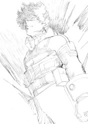  1boy boku_no_hero_academia freckles highres midoriya_izuku monochrome nakamura_yutaka serious short_hair sketch tagme 