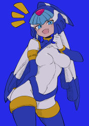  1girl absurdres android blue_background blue_eyes breasts buzzlyears clothes_lift crop_top fairy_leviathan_(mega_man) fang helmet highres looking_at_viewer medium_breasts mega_man_(series) mega_man_zero_(series) open_mouth shirt_lift simple_background smug solo upper_body  rating:Sensitive score:13 user:danbooru