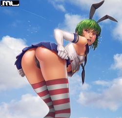  1girl animal_ears ass bare_shoulders bent_over black_panties blue_skirt chloe_(mleth) cloud cosplay crop_top day elbow_gloves fake_animal_ears flying_sweatdrops from_behind from_below gloves green_hair highres kantai_collection looking_at_viewer microskirt mleth no_bra open_mouth orange_eyes original panties pleated_skirt rabbit_ears sailor_collar shimakaze_(kancolle) shimakaze_(kancolle)_(cosplay) short_hair skirt skirt_tug sky solo striped_clothes striped_thighhighs tears thighhighs thong underwear 