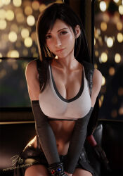  1girl 3d artist_name billyhhyb black_hair black_skirt blurry blurry_background breasts cleavage closed_mouth collarbone commentary crop_top elbow_gloves english_commentary final_fantasy final_fantasy_vii final_fantasy_vii_rebirth final_fantasy_vii_remake fingerless_gloves gloves highres large_breasts lips long_hair looking_at_viewer low-tied_long_hair materia midriff miniskirt navel patreon_username red_eyes sitting skirt solo stomach suspender_skirt suspenders swept_bangs tank_top tifa_lockhart very_long_hair 