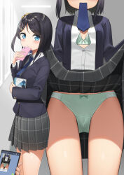  1girl apollo_(hu_maple) black_hair black_jacket blazer blue_eyes blue_hair blue_necktie blush bow bow_panties bra breasts cellphone collared_shirt colored_inner_hair commentary_request cowboy_shot green_bra green_panties grey_skirt hair_ornament hair_scrunchie hallway highres holding holding_notebook holding_phone indoors jacket lifted_by_self looking_at_viewer mouth_hold multicolored_hair multiple_views necktie necktie_in_mouth notebook open_clothes open_shirt original panties parted_lips phone plaid plaid_skirt pov pov_hands school_uniform scrunchie selfie shirt short_hair side_ponytail skirt small_breasts smartphone teeth text_messaging three_quarter_view underwear uniform upskirt white_shirt x_hair_ornament yellow_scrunchie 