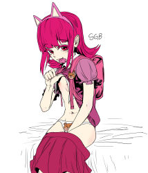  1girl absurdres animal_ears annie_(league_of_legends) artist_request backpack bag bed blush clothes_lift clothes_pull condom flat_chest highres league_of_legends loli looking_at_viewer nipples panties randoseru red_hair school_uniform sgb shirt_lift sitting skirt skirt_pull solo thighs underwear  rating:Questionable score:71 user:loli-juice