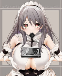  1girl artist_name azur_lane breasts breasts_squeezed_together charybdis_(azur_lane) clothing_cutout commission condom condom_box condom_in_mouth condom_wrapper earrings elbow_gloves gloves grey_background grey_hair heart heart-shaped_pupils highres jewelry long_hair looking_at_viewer maid maid_headdress misato_nagi mouth_hold sideboob skeb_commission solo symbol-shaped_pupils underboob_cutout upper_body white_gloves yellow_eyes 