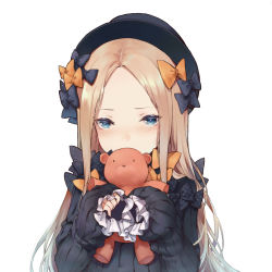  1girl abigail_williams_(fate) black_bow black_dress black_hat blonde_hair blue_eyes blush bow commentary_request dress fate/grand_order fate_(series) fedora forehead frilled_sleeves frills hair_bow hat highres holding leon_v long_hair long_sleeves looking_at_viewer orange_bow parted_bangs polka_dot polka_dot_bow puffy_long_sleeves puffy_sleeves simple_background sleeves_past_wrists solo stuffed_animal stuffed_toy teddy_bear upper_body white_background  rating:Sensitive score:2 user:danbooru