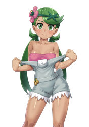  1girl blush breasts closed_mouth collarbone commentary_request creatures_(company) els_(ljhlee12) eyelashes flower game_freak green_eyes green_hair green_headband grey_overalls hair_flower hair_ornament headband highres knees long_hair looking_at_viewer mallow_(pokemon) medium_breasts nintendo overalls pink_shirt pokemon pokemon_sm shiny_skin shirt smile solo strapless strapless_shirt swept_bangs twintails white_background 
