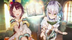  2girls ^_^ atelier_(series) atelier_sophie blush book breasts brown_eyes brown_hair closed_eyes closed_eyes female_focus game_cg green_eyes hat holding_hands medium_breasts multiple_girls noco_(adamas) official_art plachta silver_hair small_breasts sophie_neuenmuller symbol-shaped_pupils yuri  rating:Sensitive score:9 user:ammy