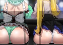  2girls accidental_exposure ass ass_focus black_skirt blonde_hair blue_skirt blurry blurry_background bow clothes_lift commentary detached_sleeves dokibird_(vtuber) dress dress_bow from_behind ghost_girl gradient_hair green_dress green_panties green_sleeves highres indie_virtual_youtuber layered_skirt long_hair mint_fantome mole mole_on_ass multicolored_hair multiple_girls panties redi_(rasec_asdjh) short_hair sitting skirt skirt_lift symbol-only_commentary twintails underwear virtual_youtuber white_panties 