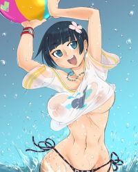 10s 1girl :d arms_up ball beachball bikini bikini_bottom_only black_bikini black_hair blouse blue_eyes bouncing_breasts breasts covered_erect_nipples cowboy_shot crybringer flower groin hair_flower hair_ornament jewelry large_breasts looking_at_viewer navel necklace nipples no_bra open_mouth see-through senran_kagura shirt short_hair side-tie_bikini_bottom smile solo swimsuit underboob water wet wet_clothes wet_shirt whale white_shirt yozakura_(senran_kagura) rating:Questionable score:62 user:danbooru