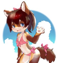  1girl bikini blue_eyes bow brown_fur canopus335 cloud fang female_focus furry hair_bow highres loli looking_at_viewer short_hair smile solo swimsuit tail tail_bow tail_ornament  rating:Sensitive score:20 user:kyleevee