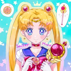  1girl bishoujo_senshi_sailor_moon blonde_hair blue_background blue_eyes blue_sailor_collar bow choker circlet closed_mouth collarbone crescent crescent_choker crescent_earrings crystal_star_(sailor_moon) cutie_moon_rod dot_nose double_bun drawn_crown earrings gloves hair_bun hair_ornament hairpin highres holding holding_wand jewelry long_hair magical_girl parted_bangs pointed_crown red_bow red_choker sailor_collar sailor_moon smile solo sparkle star_(symbol) starry_background ten_(uzk_mooon) tsukino_usagi twintails upper_body wand white_gloves 