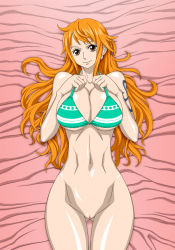  1girl bikini blush bottomless bra breasts brown_eyes censored female_focus highres large_breasts long_hair lying nami_(one_piece) nel-zel_formula one_piece orange_hair pussy smile solo swimsuit tattoo underwear  rating:Explicit score:61 user:DeadlyNova