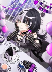  1girl balloon black_choker black_hair black_nails black_sleeves breasts cake character_name checkered_print chest_strap choker cleavage cloud cloudy_sky cup cupcake detached_sleeves dress food grey_dress grey_hair grey_sleeves happy_birthday heart_balloon highres holding hololive hololive_english jewelry large_breasts long_hair moon multicolored_hair multiple_rings plate ring scissors shiori_novella sky sleeves_past_wrists smile solo split-color_hair teacup twitter_username two-tone_sleeves umirunie virtual_youtuber window yellow_eyes 