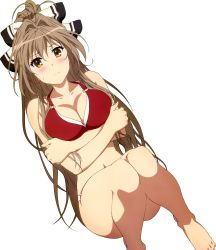  10s 1girl absurdres ahoge amagi_brilliant_park bare_shoulders bikini blush breast_hold breasts brown_eyes brown_hair cleavage female_focus hair_ribbon highres large_breasts legs long_hair looking_at_viewer navel o-ring o-ring_bottom o-ring_top official_art ponytail red_bikini ribbon sento_isuzu simple_background solo sweatdrop swimsuit takemoto_yasuhiro thighs white_background yellow_eyes 