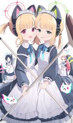  2girls absurdly_long_hair animal_ear_headphones animal_ears apron aris_(blue_archive) aris_(maid)_(blue_archive) black_dress black_hair blonde_hair blue_archive blue_eyes blush cat_tail dress fake_animal_ears frilled_apron frilled_dress frills goma_(u_p) green_eyes headphones highres long_hair long_sleeves looking_at_viewer maid maid_headdress midori_(blue_archive) midori_(maid)_(blue_archive) momoi_(blue_archive) momoi_(maid)_(blue_archive) multiple_girls official_alternate_costume open_mouth ponytail purple_eyes red_eyes red_hair short_hair siblings simple_background sisters smile tail twins very_long_hair white_apron white_background yuzu_(blue_archive) yuzu_(maid)_(blue_archive) 