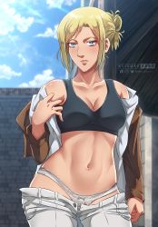  1girl absurdres ahoge annie_leonhart armpit_crease artist_name bare_shoulders bell blonde_hair blush breasts clothes_pull collarbone expressionless gluteal_fold highres keisukeaero looking_at_viewer medium_breasts military military_uniform navel outdoors panties pants pants_pull pulled_by_self shingeki_no_kyojin solo sports_bra tagme thighs underwear uniform white_panties  rating:Questionable score:65 user:Ahegao_lmao