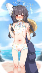 1girl bar_censor beach black_hair blue_archive blush bodypaint brown_headwear censored cleft_of_venus commentary_request completely_nude feet_out_of_frame female_focus flat_chest flying_sweatdrops grey_halo halo hat hat_around_neck highres leaf leaf_on_head loli long_hair looking_at_viewer machismo_fuji miyu_(blue_archive) miyu_(swimsuit)_(blue_archive) navel nipples nose_blush nude ocean official_alternate_costume painted_clothes parted_lips pussy red_eyes solo standing straw_hat sweat twintails v rating:Explicit score:73 user:danbooru