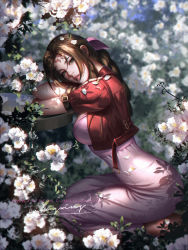  1girl aerith_gainsborough bow braid breasts brown_hair commentary cropped_jacket dress english_commentary final_fantasy final_fantasy_vii final_fantasy_vii_remake flower garden green_eyes hair_ribbon highres large_breasts liang_xing long_dress long_hair looking_at_viewer parted_lips pink_bow pink_dress ponytail ribbon sidelocks single_braid sitting square_enix  rating:Sensitive score:28 user:danbooru