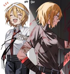  1girl :d ^_^ bandaged_arm bandaged_head bandaged_neck bandages bandaid bandaid_on_cheek bandaid_on_face belt belt_buckle black_belt black_pants black_shirt blonde_hair blood blood_on_clothes blood_on_face bloody_bandages buckle closed_eyes collared_shirt constricted_pupils creature don_quixote_(project_moon) empty_eyes facial_scar hair_between_eyes hand_on_own_hip highres holding limbus_company mu46016419 multiple_views necktie open_mouth pants project_moon red_necktie scar scar_on_arm scar_on_cheek scar_on_face scar_on_nose shirt shirt_tucked_in short_hair short_sleeves smile split_theme standing turtleneck v-shaped_eyebrows weapon white_shirt wing_collar yellow_eyes 