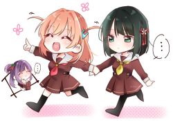  ... 3girls :&gt; :/ ^_^ black_hair black_pantyhose black_socks blunt_bangs blunt_ends blush brown_dress closed_eyes closed_mouth colored_shadow commentary crossed_bangs deformed dress flower flower_(symbol) flower_knot green_eyes hair_bun hair_flower hair_ornament hand_on_own_cheek hand_on_own_face hasu_no_sora_school_uniform heart heart_in_mouth hinoshita_kaho link!_like!_love_live! long_hair long_sleeves looking_at_another love_live! medium_dress medium_hair momose_ginko motion_lines multiple_girls neckerchief no_shoes open_mouth orange_hair otomune_kozue pantyhose pleated_dress polka_dot purple_hair rabbit_hair_ornament raised_eyebrow red_flower red_neckerchief ririn_(ririn_501) running sailor_collar sailor_dress school_uniform shadow short_hair side_ponytail sidelocks simple_background single_side_bun smile socks speech_bubble spoken_ellipsis twitter_username two_side_up virtual_youtuber watermark white_background white_sailor_collar winter_uniform yellow_neckerchief 