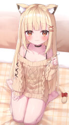  1girl :3 animal_ears aran_sweater bare_legs barefoot black_collar blonde_hair blush breasts brown_eyes brown_sweater cable_knit cat_ears cat_girl cat_tail cleavage closed_mouth collar commentary_request full_body hair_ornament hairclip hand_up highres holding lap_pillow long_hair long_sleeves looking_at_viewer masaki_(msk064) mimikaki off-shoulder_sweater off_shoulder original puffy_long_sleeves puffy_sleeves red_scrunchie scrunchie sitting sleeves_past_wrists small_breasts solo sweater tail tail_scrunchie very_long_hair wariza x_hair_ornament 