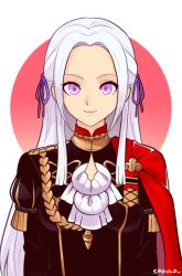  1girl ascot circle closed_mouth commentary edelgard_von_hresvelg fire_emblem fire_emblem:_three_houses garreg_mach_monastery_uniform highres long_hair looking_at_viewer nintendo pink_eyes red_background simple_background smgold smile solo tassel two-tone_background white_ascot white_background white_hair 