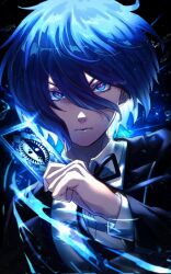 1boy black_ribbon blue_eyes blue_hair card closed_mouth collared_shirt gekkoukan_high_school_uniform hair_between_eyes highres holding holding_card jacket light_particles long_sleeves looking_at_viewer male_focus neck_ribbon open_clothes open_jacket persona persona_3 ribbon school_uniform serious shirt short_hair solo upper_body w_wota white_shirt yuuki_makoto_(persona_3) 