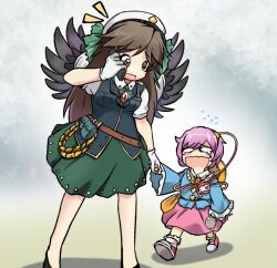  2girls aged_down alternate_costume bag belt belt_pouch bird_wings black_wings blue_shirt bow brown_belt brown_hair buttons candy cape child commentary english_commentary eyeball flying_sweatdrops food frilled_shirt_collar frilled_sleeves frills gloves green_bow green_skirt hair_bow hair_ornament hairband hat heart heart_button heart_hair_ornament holding holding_candy holding_food holding_hands holding_lollipop holding_phone komeiji_satori korean_commentary lollipop long_hair long_sleeves lost_child mirae_somang multiple_girls open_mouth phone pink_hair pink_skirt pouch red_eyes reiuji_utsuho ribbon-trimmed_collar ribbon_trim rope shirt short_hair short_sleeves shoulder_bag skirt tears third_eye touhou very_long_hair vest white_gloves wide_sleeves wings 
