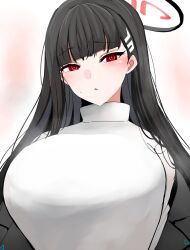  1girl black_hair black_jacket blue_archive blunt_bangs blush breasts hair_ornament halo han_(jackpot) highres jacket large_breasts long_hair red_eyes rio_(blue_archive) solo sweat sweater turtleneck turtleneck_sweater upper_body white_sweater 