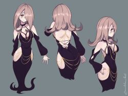  1girl absurdres ass backless_dress backless_outfit black_dress blush breasts chain choker cleavage colored_skin dress gold gold_chain grey_skin hair_over_one_eye hand_on_own_hip highres hip_vent little_witch_academia long_hair looking_at_viewer madabau medium_breasts meme_attire modakawa_dress purple_hair red_eyes shoulder_blades sleeveless sleeveless_dress sucy_manbavaran  rating:Sensitive score:22 user:GrateCheeser
