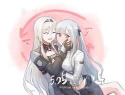  2girls ak-12_(girls&#039;_frontline) an-94_(girls&#039;_frontline) arianaleonardo black_hairband blonde_hair blush body_switch braid chinese_commentary closed_eyes commentary_request dated french_braid girls&#039;_frontline hairband hand_on_another&#039;s_chest hand_on_another&#039;s_face hand_on_another&#039;s_hip highres long_hair looking_at_viewer multiple_girls open_mouth parted_lips personality_switch red_eyes simple_background smile upper_body white_hair yuri 