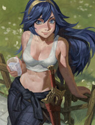  1girl absurdres against_fence blue_eyes blue_hair bra brand_of_the_exalt breasts clothes_around_waist cup falchion_(fire_emblem) fence fire_emblem fire_emblem_awakening grass highres holding holding_cup long_hair looking_at_viewer lucina_(fire_emblem) nintendo scabbard sheath silverheather smile solo sports_bra sword tiara underwear water weapon white_sports_bra wooden_fence 
