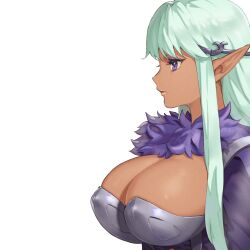  1girl armor bikini_armor breasts cleavage cropped dark-skinned_female dark_elf dark_skin elf extraction from_side fur_trim green_hair highres large_breasts long_hair negative_space ouosoul pointy_ears purple_eyes railanor_(unicorn_overlord) resized revealing_clothes simple_background solo unicorn_overlord upper_body very_long_hair white_background  rating:Sensitive score:5 user:danbooru