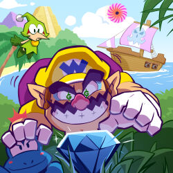  1boy absurdres blue_sky gem gloves green_hat grin hat highres jungle letitmelo merfle_(wario_land) mountain nature nintendo ocean pirate_ship pointy_ears portal_(object) pyramid_(structure) ship sky smile wario wario_land wario_land:_shake_it! wario_land_4 water watercraft white_gloves yellow_hat 