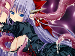  1girl blue_eyes blush breasts elf horns large_breasts monster pointy_ears purple_hair tentacles tentacle_in_ear  rating:Explicit score:2 user:pyro_princess_ashley