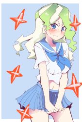  1girl blue_background blue_eyes blue_neckerchief blue_sailor_collar blue_skirt blush border breasts cosplay cowboy_shot crop_top diana_cavendish eyes_visible_through_hair hys-d kill_la_kill large_breasts light_green_hair little_witch_academia looking_at_viewer multicolored_hair navel neckerchief pleated_skirt sailor_collar school_uniform shirt short_sleeves skirt solo two-tone_hair white_border white_shirt  rating:Sensitive score:4 user:danbooru