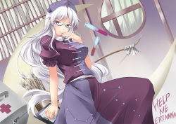  1girl arrow_(projectile) bad_id bad_pixiv_id bespectacled blue_eyes blush bow_(weapon) breasts clipboard dress english_text finger_to_mouth gisyo glasses hat impossible_clothes impossible_dress large_breasts leg_up long_hair naughty_face nurse nurse_cap pen quiver revision silver_hair sitting smile solo tasukete_eirin test_tube touhou turtleneck very_long_hair weapon yagokoro_eirin 